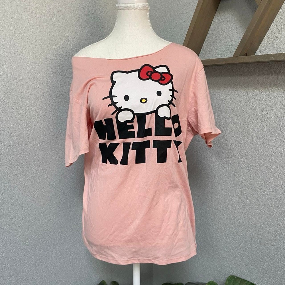 SANRIO HELLO KITTY PINK OFF SHOULDER TEE SHORT SLEEVE SHIRT KAWAII SOFT GRUNGE